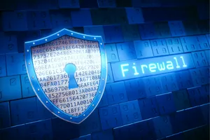 Escudo digital com números sobre fundo azul, ilustrando um firewall de rede que protege tráfego e dados sensíveis online.
