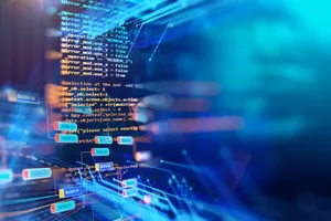 Ilustração digital de gerenciamento de patches em segurança de TI, mostrando códigos e fluxos de dados em ambiente tecnológico.