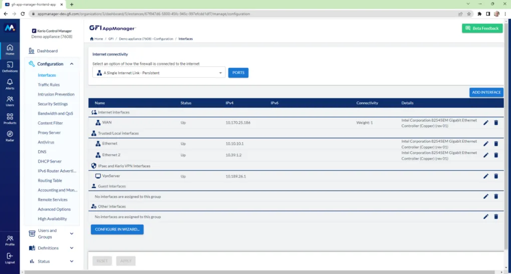 Tela do GFI AppManager com a gestão dos equipamentos GFI da empresa
