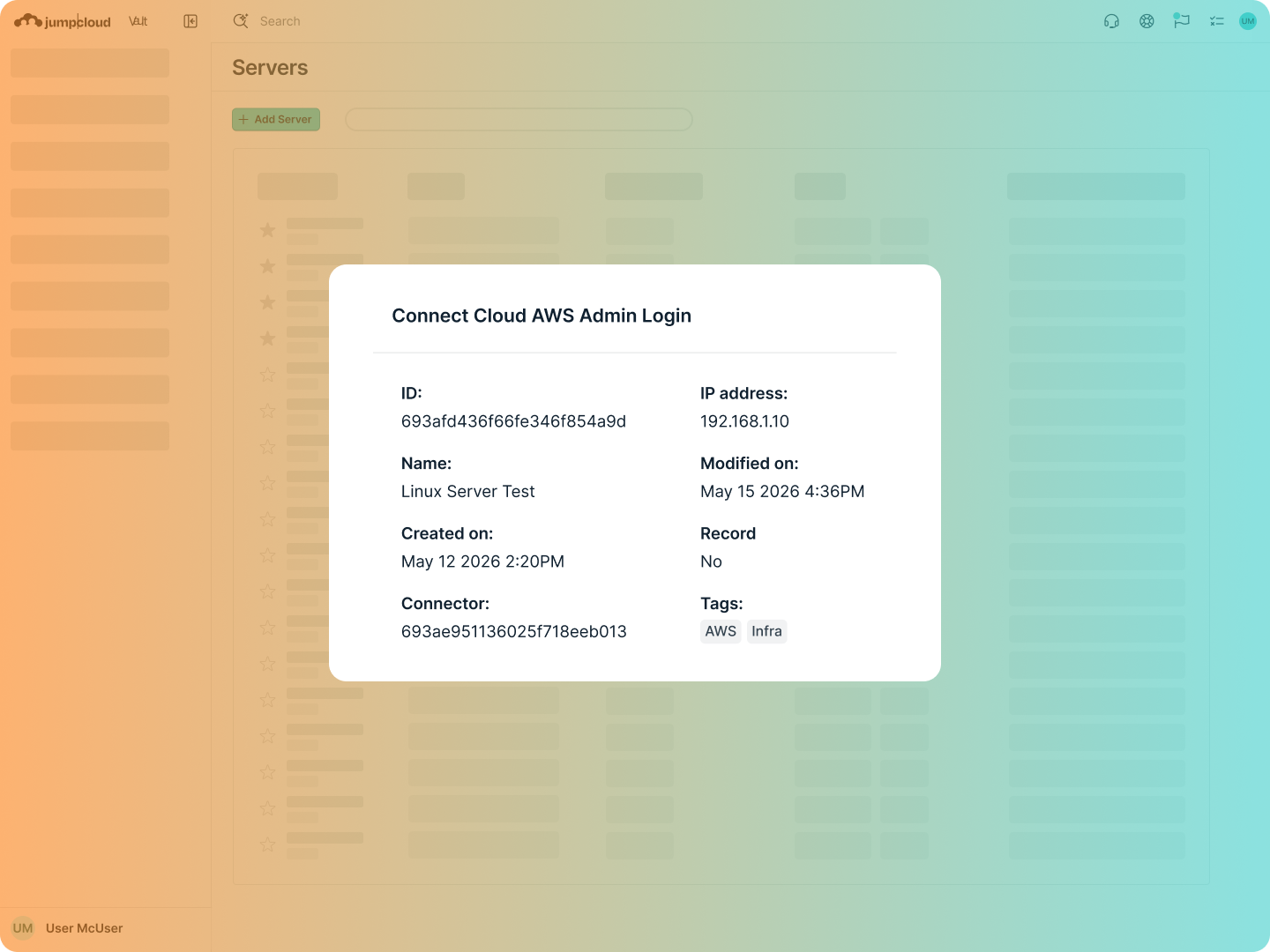 Lista de servidores no JumpCloud Vault, com acesso privilegiado intermediado