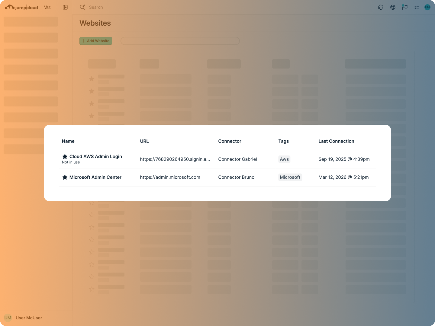 Sites e aplicações web gerenciados no JumpCloud Vault