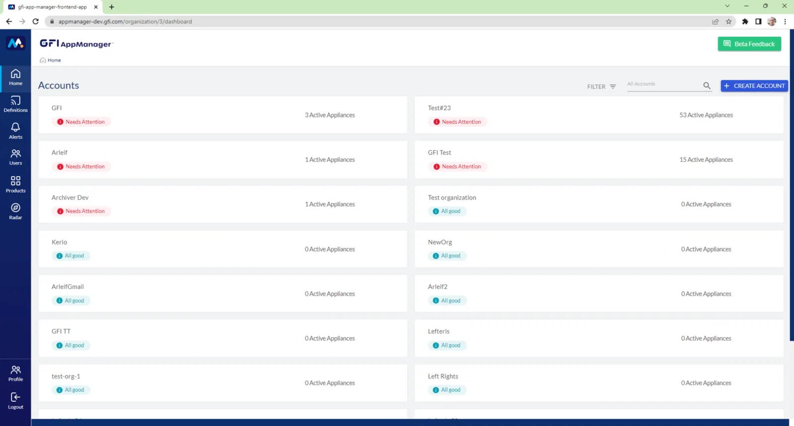 Painel do GFI AppManager com os firewalls Kerio Control
