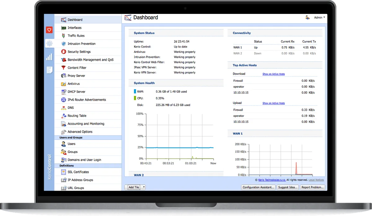 Painel do Kerio Control aberto em um notebook